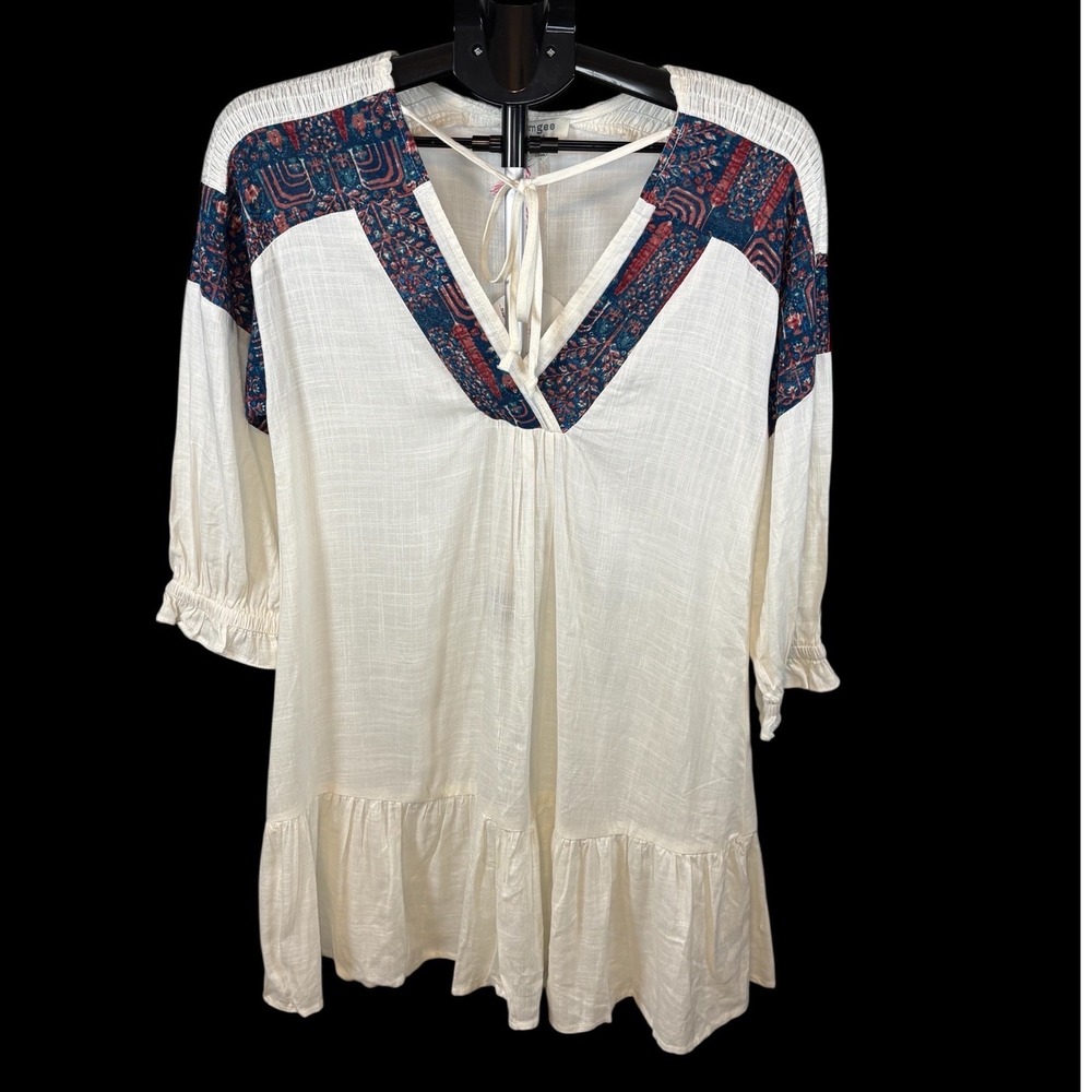 Umgee Womens Cream Linen‎ Blend Boho Tunic Top/Dress V-Neck Contrast Print  NWT